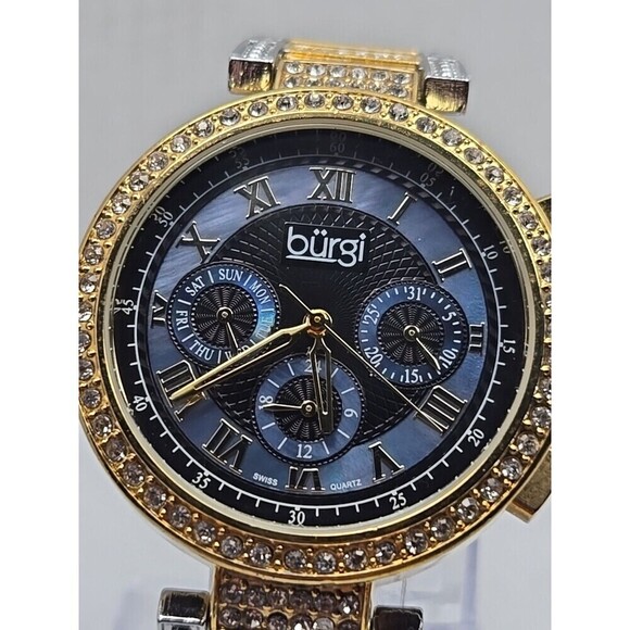 Burgi Womens Two Tone Crystal Swiss Watch Blue MOP Multifunction New Battery main image 5